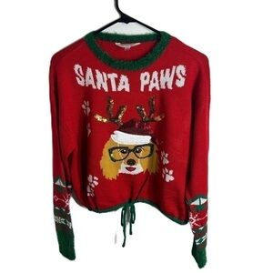 Santa Paws Ugly Christmas Sweater NWT Large Dog Cropped Red Green Sequin